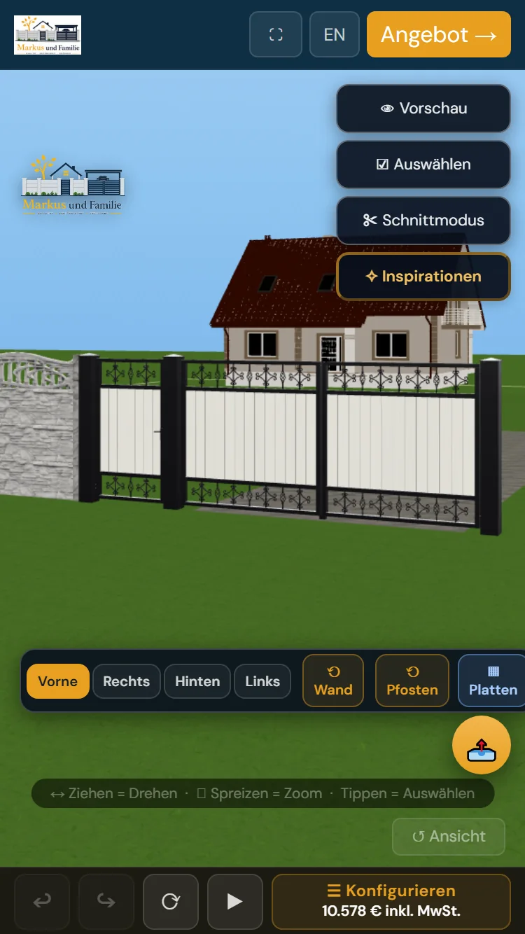 3D-Konfigurator auf dem Smartphone: Betonzaun mit Tor, unten der Gesamtpreis inkl. MwSt.