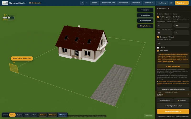 Schritt 1: leeres Grundstück 20 × 30 m mit Haus und Einfahrt im 3D-Konfigurator