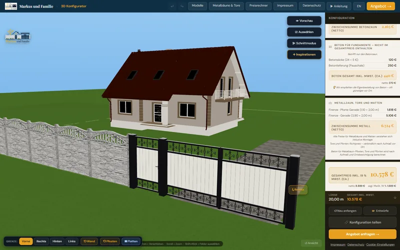 Schritt 3: Gesamtpreis inkl. MwSt. im Panel des 3D-Konfigurators und Button „Angebot anfragen“